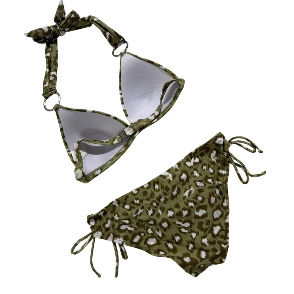 Molybell Olive Leopard Print Bikini Set Triangle Top Tie Side Bottoms S